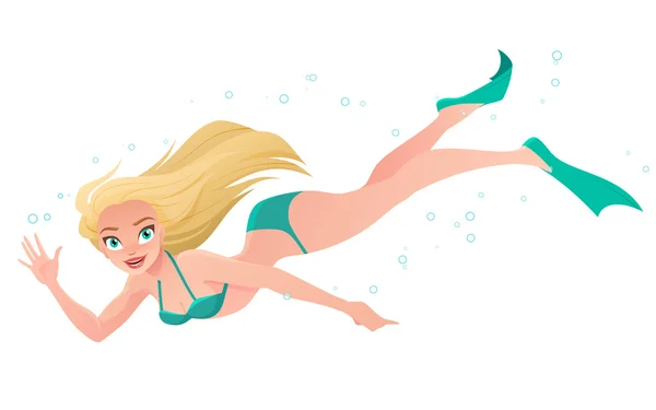 Mujer de buceo en bikini y aletas agitando la mano bajo el agua. Ilustración vectorial de dibujos animados aislada sobre fondo blanco . — Vector de stock