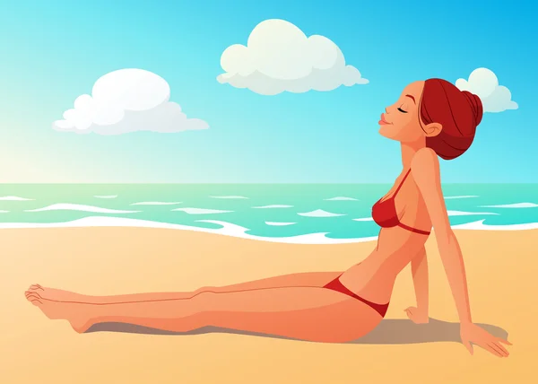 Una giovane donna abbronzata che prende il sole sulla spiaggia. Illustrazione vettoriale del fumetto della riva del mare di estate . — Vettoriale Stock