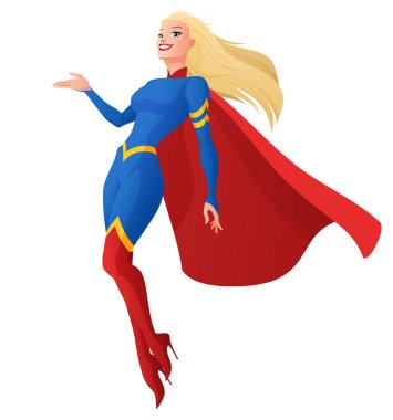Süper kahraman kadın sunulması. Beyaz arka plan üzerinde izole karikatür vektör çizim.
