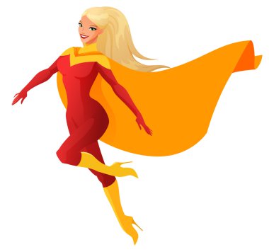 Süper kahraman kadın kırmızı kıyafeti uçan. Beyaz arka plan üzerinde izole karikatür vektör çizim.
