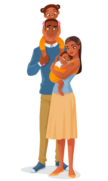 Dibujos animados sonriendo familia étnica negra con dos hijos. Ilustración vectorial aislada sobre fondo blanco . — Vector de stock