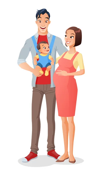 Glimlachend cartoon Aziatische gezin met baby in de drager en verwachten dat een ander kind. Vectorillustratie. — Stockvector