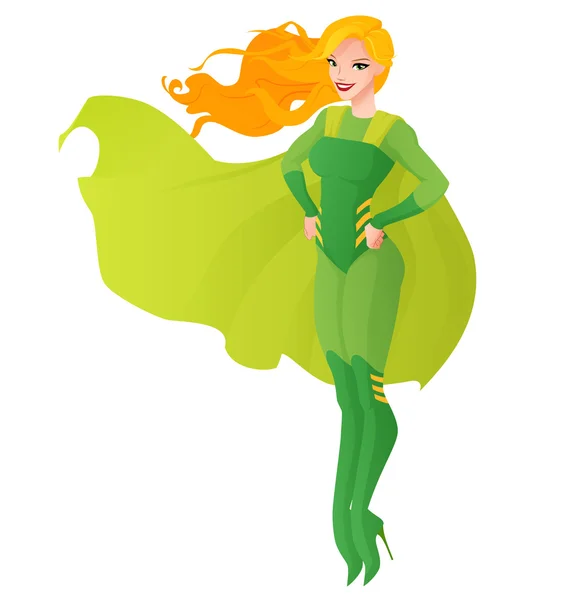 Redhead superhero woman in green outfit flying. Cartoon vector illustration isolated on white background. — Stock Vector