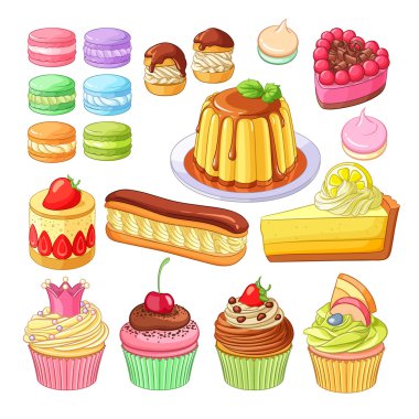Vektör set renkli tatlılar macarons, Profiterol, pasta, çilek fraisier, pasta, limonlu kek, börek, meringues ve cupcakes.