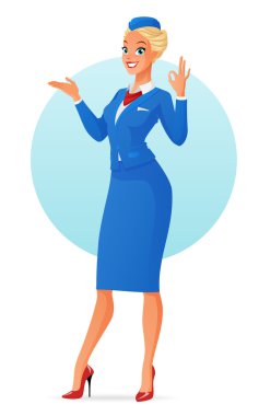 Güzel gülümseyen Tekdüzen sunulması ve ok işareti jest gösterilen hostes. Beyaz arka plan üzerinde izole vektör çizim.