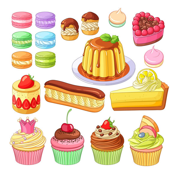 Vector set of colorful desserts macarons, profiteroles, pie, strawberry fraisier, eclair, lemon cake, flan, meringues and cupcakes.