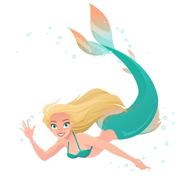 Sirena de dibujos animados agitando la mano bajo el agua. Ilustración vectorial aislada sobre fondo blanco . — Vector de stock