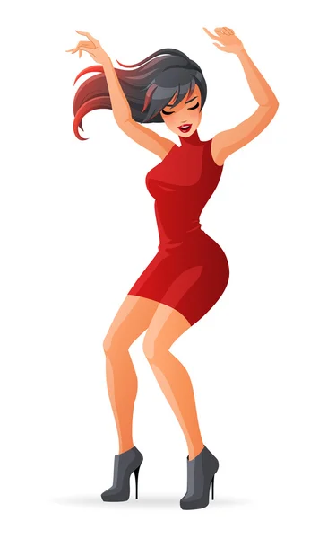 Kreslený okouzlující mladá žena, tanec na vysokých podpatcích. Vektorové ilustrace izolované na bílém pozadí. — Stockový vektor