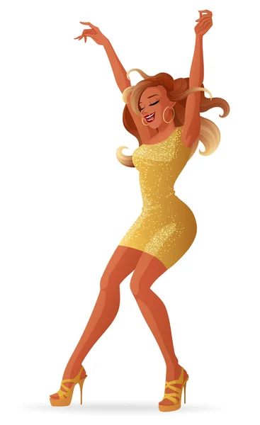 Hermosa mujer de dibujos animados joven glamorosa bailando en tacones altos. Ilustración vectorial aislada sobre fondo blanco . — Vector de stock