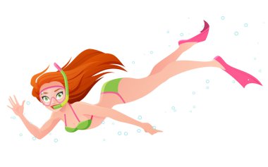 Güzel kadın bikini ve palet su altında şnorkel maskesi sallanan el ile dalış. Beyaz arka plan üzerinde izole karikatür vektör çizim.