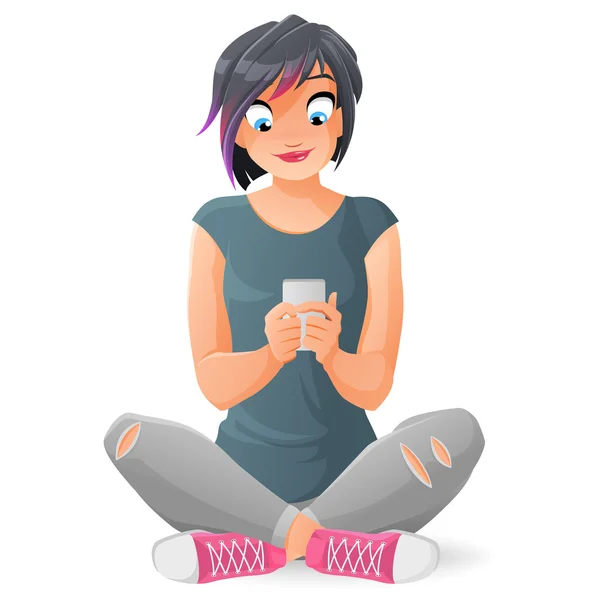 Nettes Teenie-Mädchen, das mit seinem Smartphone kommuniziert oder SMS schreibt. Cartoon-Vektor-Illustration isoliert auf weißem Hintergrund. — Stockfoto