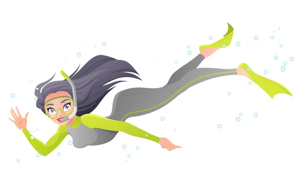 Mujer joven buceando en snorkel, traje de neopreno y aletas agitando la mano bajo el agua. Ilustración vectorial de dibujos animados aislada sobre fondo blanco . —  Fotos de Stock
