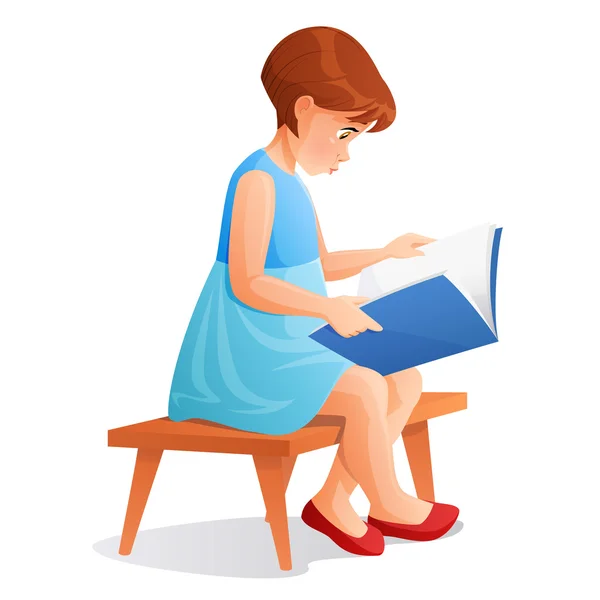 작은 소녀는 책을 읽고. 흰색 배경에 고립 된 만화 벡터 일러스트 레이 션. — 스톡 사진