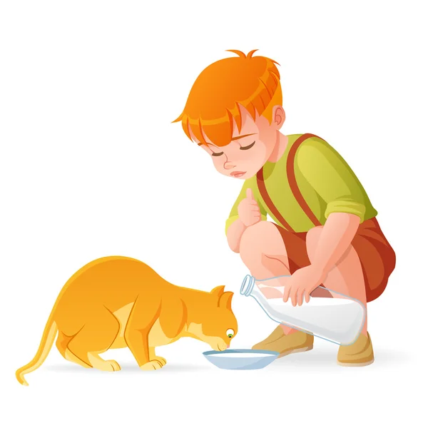 Kis aranyos vörös hajú fiú etetése a macska tej. Rajzfilm vektoros illusztráció. — Stock Fotó