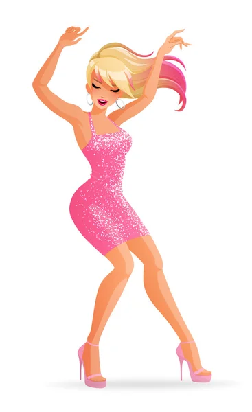 Dibujos animados hermosa mujer joven glamorosa bailando en tacones altos. Ilustración vectorial aislada sobre fondo blanco . — Foto de Stock