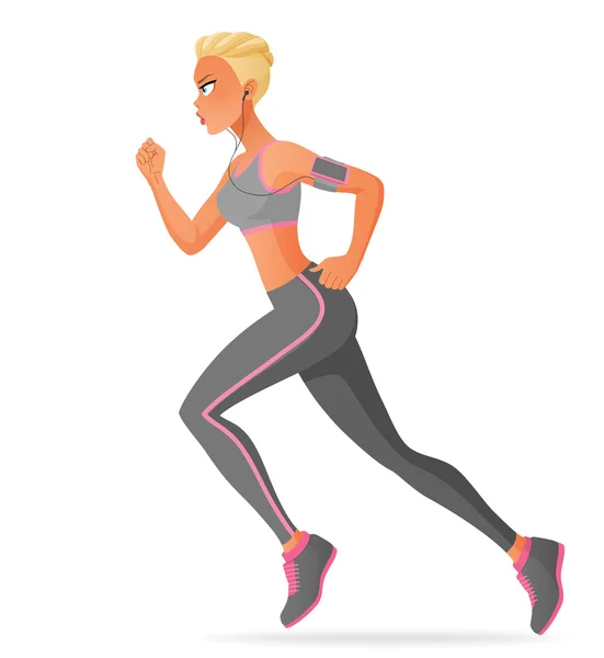 Mujer atractiva joven corriendo con auriculares. Ilustración vectorial de dibujos animados aislada sobre fondo blanco . — Foto de Stock