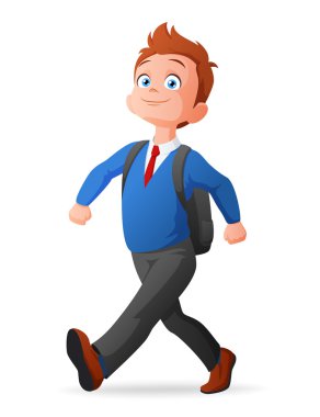 Tek tip okula yürüme neşeli genç yakışıklı. Vektör çizim.