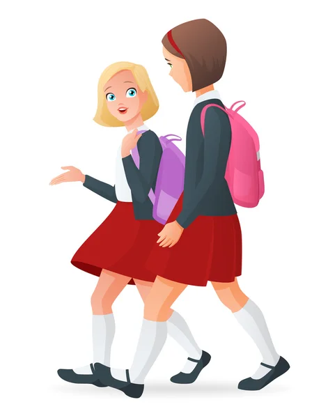 Dos chicas de uniforme de camino a la escuela. Ilustración vectorial . — Archivo Imágenes Vectoriales