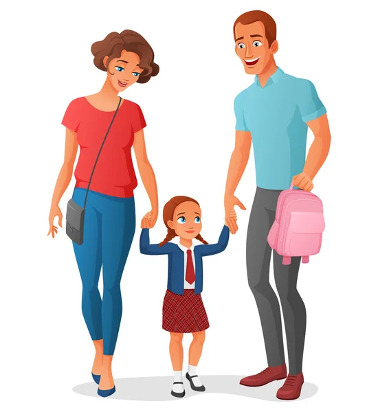 Una niña en la escuela con sus padres. Ilustración vectorial  . — Vector de stock