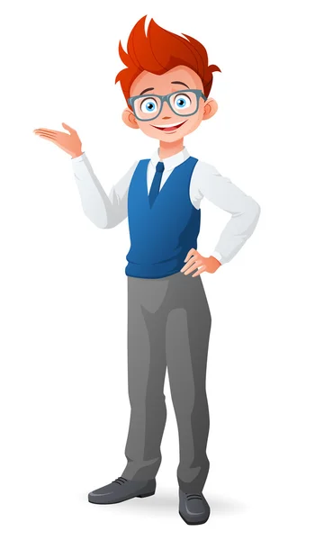 Rapazinho esperto com óculos e dedo apontando para cima tendo uma ideia. Ilustração vetorial . — Vetor de Stock