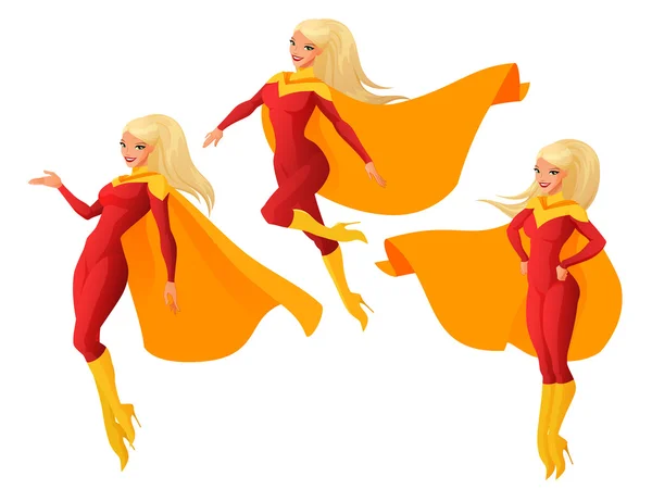 Vektor set wanita dalam pakaian superhero merah dan kuning dalam pose yang berbeda . - Stok Vektor