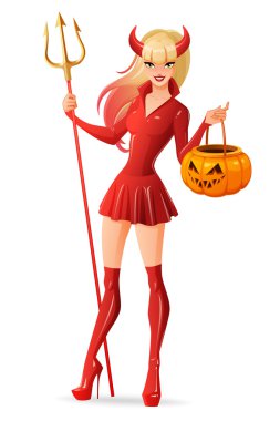 Cadılar Bayramı seksi kadın şeytan kostümü ile jack-o-fener kabak sepeti. İzole vektör çizim.