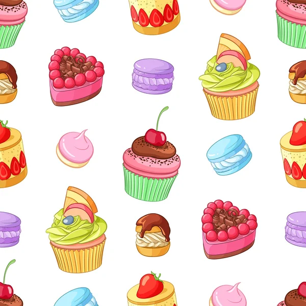 Blandade färgglada desserter, cupcakes och mandelbiskvier. Sömlös vektor mönster. — Stock vektor