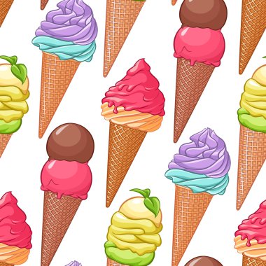 Sorunsuz vektör desen çeşitli renkli dondurma koniler.