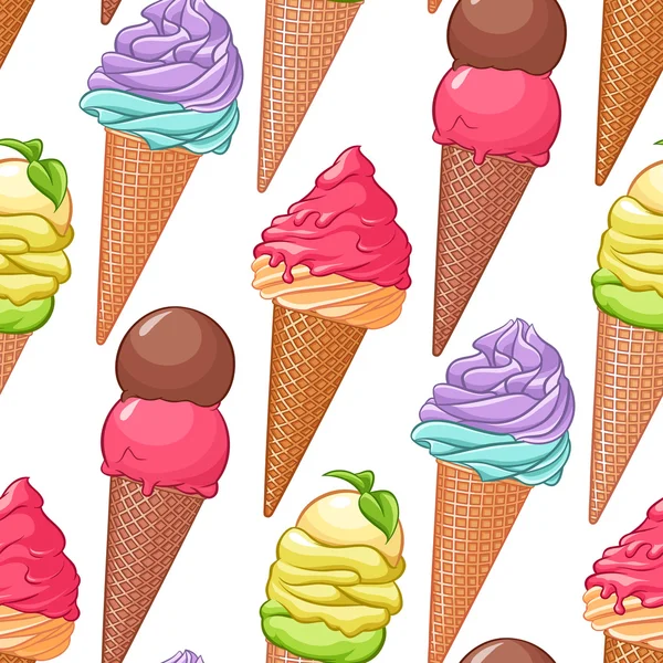 Patrón de vector inconsútil de variados conos de helado de colores . — Vector de stock