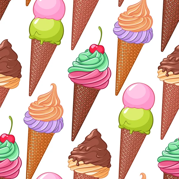 Colorido varios conos de helado patrón de vectores sin costura . — Vector de stock