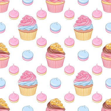 Pembe ve çikolatalı krem çörekler ve meringues Dikişsiz desen vektör.