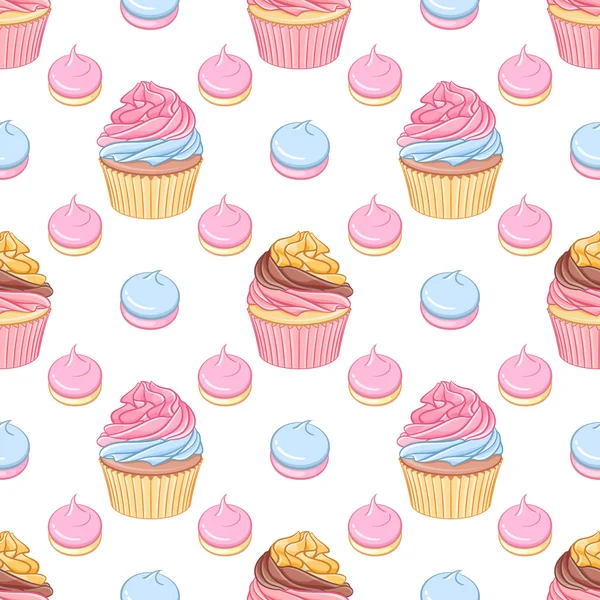 Cupcakes crème rose et chocolat et meringues vecteur motif sans couture . — Image vectorielle