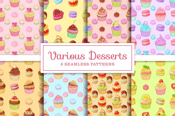 Set van 8 naadloze vector patronen van desserts cupcakes, bitterkoekjes, soesjes, schuimgebak en taarten. — Stockvector