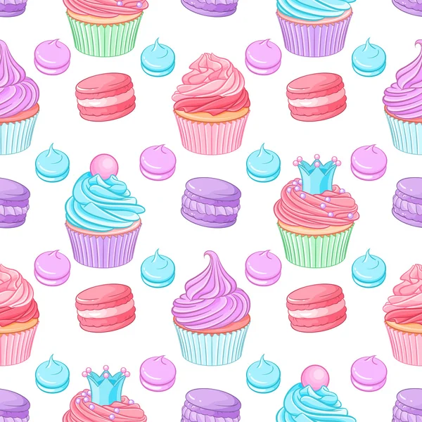 Різні милі яскраві барвисті блакитні, рожеві та фіолетові десерти. Безшовний векторний малюнок на білому тлі . — стоковий вектор