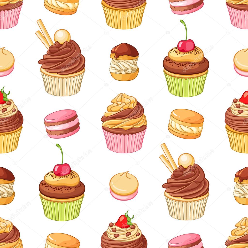 Various bright colorful chocolate desserts . Seamless vector pattern on white background.