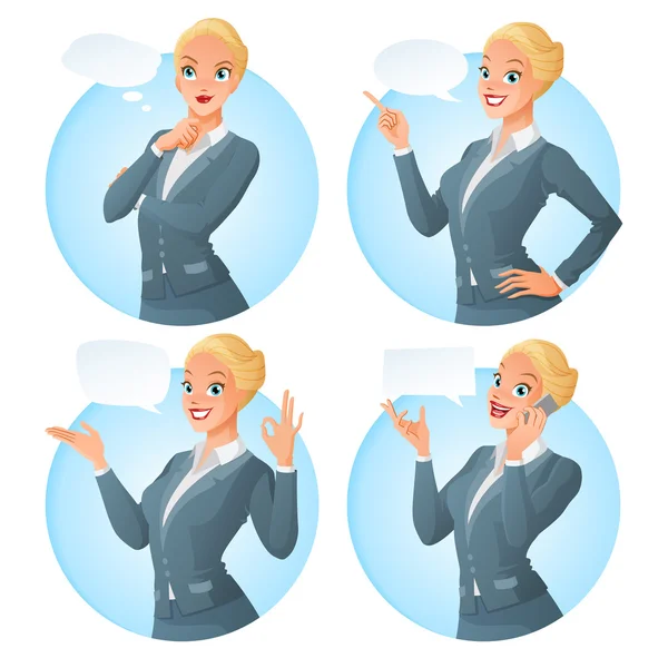 Vector conjunto de dibujos animados negocio formal mujer vestida en diferentes poses con varias burbujas de habla . — Vector de stock