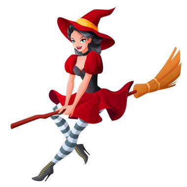 Koyu kırmızı Halloween kılık bir süpürge üzerinde uçan cadı kadın. Beyaz arka plan üzerinde izole karikatür tarzı vektör çizim.