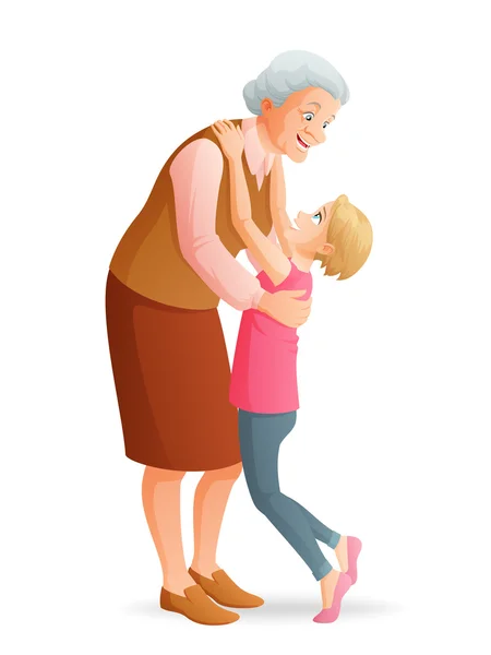 Sonriente abuela abrazando a su nieta. Ilustración vectorial aislada sobre fondo blanco . — Vector de stock