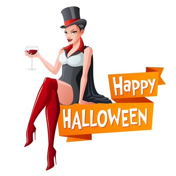 Brunetka kobieta siedzi przy lampce wina w kostium Halloween Wampir Dracula i kły. Styl wektor ilustracja kreskówka z tekstem na białym tle. — Wektor stockowy