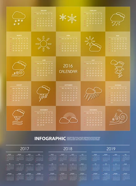 Шаблон дизайна календаря 2016 с набором значков погоды , — стоковый вектор