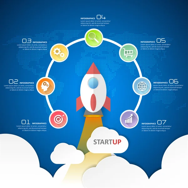 Opstarten vector cirkel infographics met raketlancering, — Stockvector