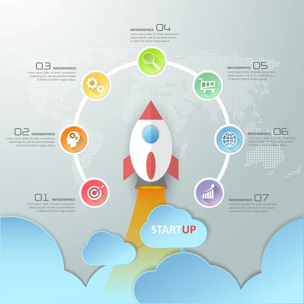 7 steps startup circle infographics with rocket launch, — Stock Vector