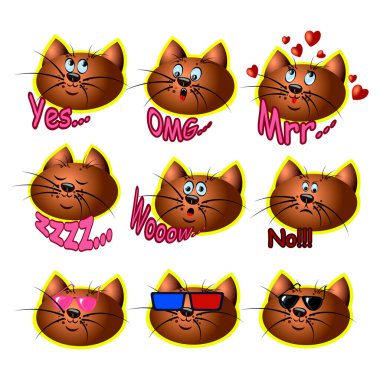 Kedi emojisi etiketi güzel vektör illüstrasyonu ayarladı