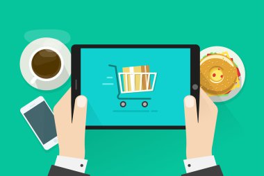 Holding tablet bilgisayar aygıt vektör çizim, Kahvaltı üstten görünüm kavramı, lokanta, kahve fincanı, cep telefonu, hamburger ile Özet Tablo iki eller düz çizgi film Tasarla izole üzerinde yeşil