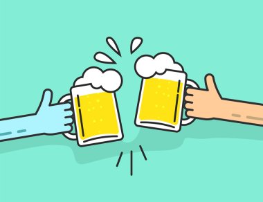 Two abstract hands holding beer glasses, beer glasses foam clinking, friends toasting, concept of cheering people party celebration in pub, flat outline art line design vector illustration isolated