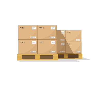 Warehouse parts boxes on wooden pallet vector illustration with shadow, cardboard cargo boxes, barcode, pictograms and abstract text stickers ready for loading, flat cartoon design isolated on white
