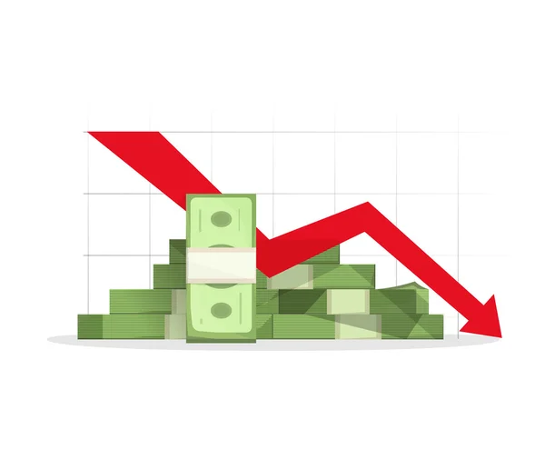 Pile of cash red recession graph with downward arrow illustration — Stock Vector