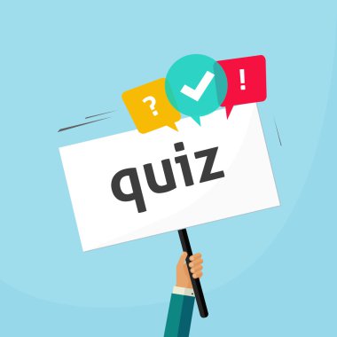 Afişini quiz metin ve konuşma balonu sembolleri tutan el