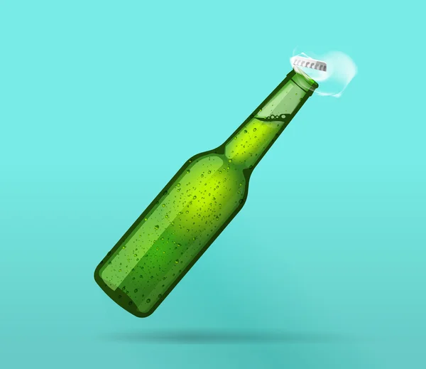 Plné zelené mokré láhev s flying cap, bubliny, kouř — Stockový vektor