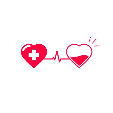 Blood donation vector symbol, two hearts connected with pulse cardiogram clipart